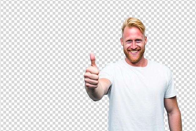 Portret van een man die zijn duim omhoog doet op een witte geïsoleerde achtergrond