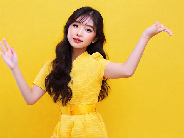 PSD portret van een mooi aziatisch meisje dat op een gele achtergrond poseert