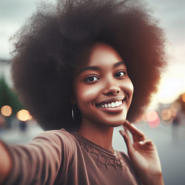 Portret van een mooie jonge zwarte vrouw met een glimlachend lachend gezicht met een trendy afro look tanden.