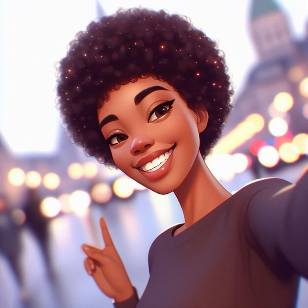 Portret van een mooie jonge zwarte vrouw met een glimlachend lachend gezicht met een trendy afro look tanden.