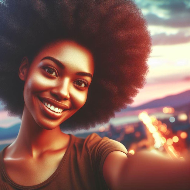 Portret van een mooie jonge zwarte vrouw met een glimlachend lachend gezicht met een trendy afro look tanden.