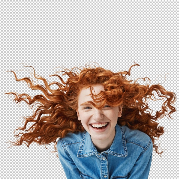 Portret van een mooie vrolijke roodharige vrouw met vliegend krullend haar die glimlacht en lacht