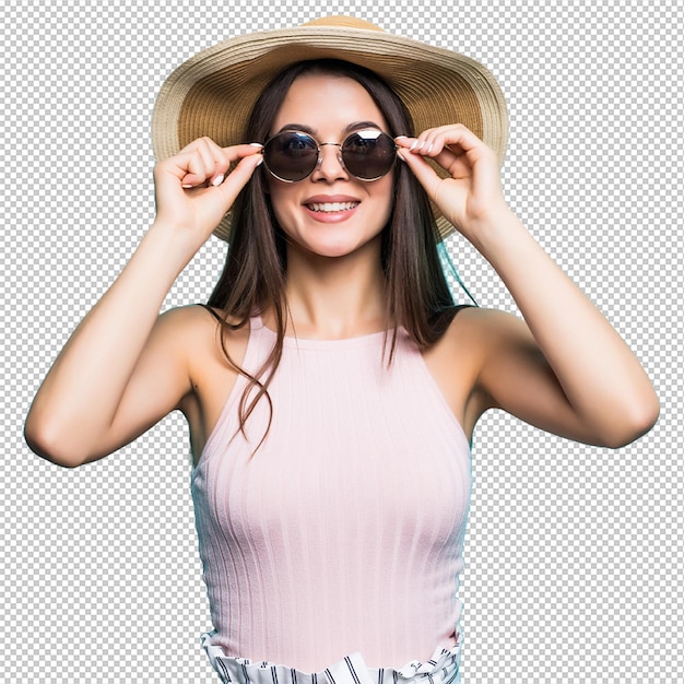 Portret van een mooie vrouw met zonnebril en hoed over blauw kleurrijk zomerconcept
