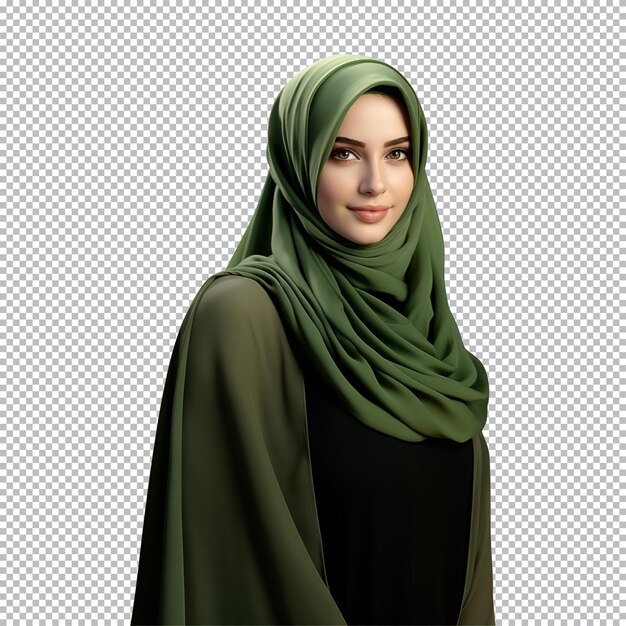 Portret van een moslimvrouw met een groene hijab geïsoleerd op een doorzichtige achtergrond