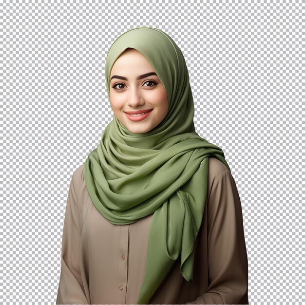 PSD portret van een moslimvrouw met een groene hijab geïsoleerd op een doorzichtige achtergrond