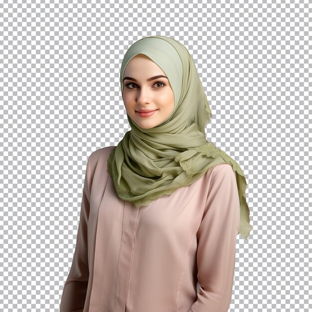 Portret van een moslimvrouw met een groene hijab geïsoleerd op een transparante achtergrond.