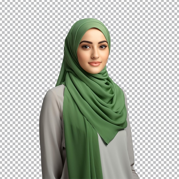PSD portret van een moslimvrouw met een groene hijab geïsoleerd op een transparante achtergrond.
