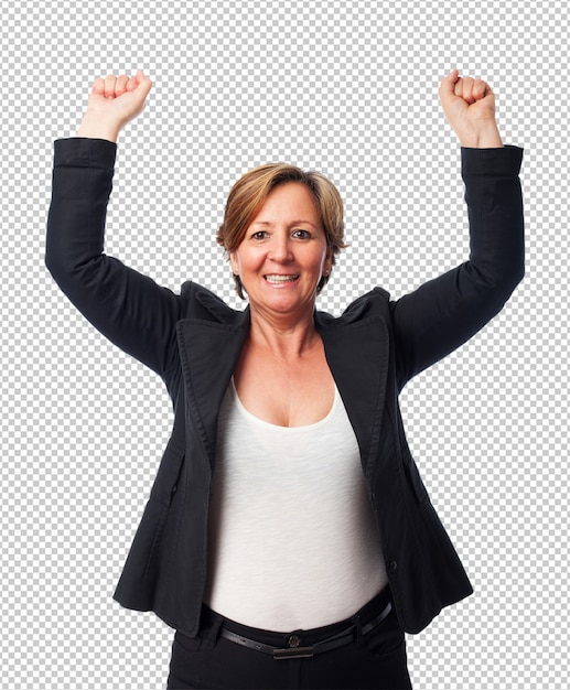 Portret van een rijpe bedrijfsvrouw die een overwinning viert