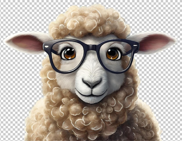 Portret van een schaap met een bril op een doorzichtige achtergrond