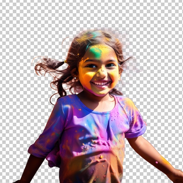 PSD portret van een schattig klein meisje dat tijdens holi wordt geduwd met gekleurde poeders