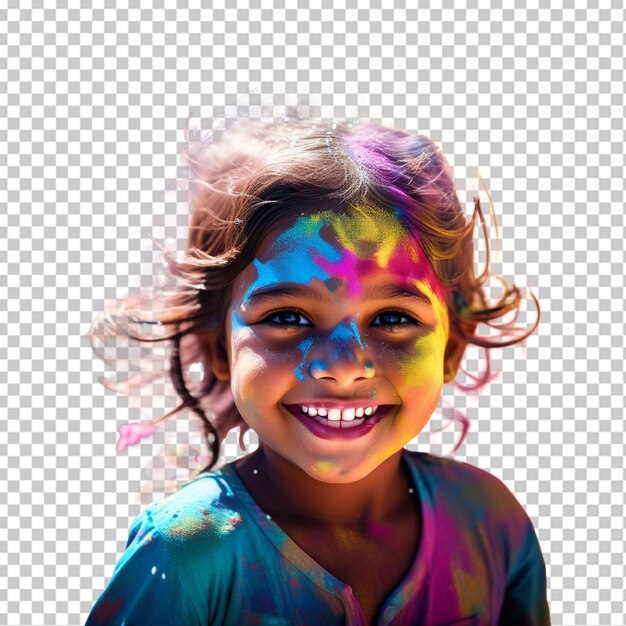 PSD portret van een schattig klein meisje dat tijdens holi wordt geduwd met gekleurde poeders