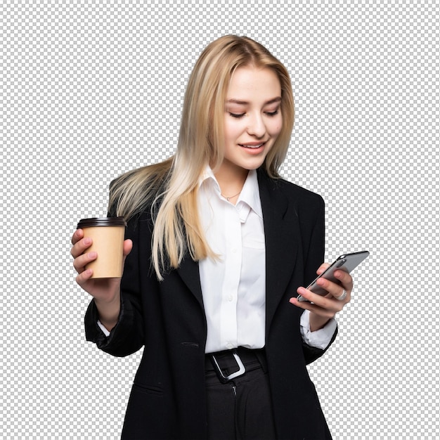 Portret van een tevreden jonge zakenvrouw die een mobiele telefoon gebruikt terwijl ze een kop koffie vasthoudt om geïsoleerd te gaan