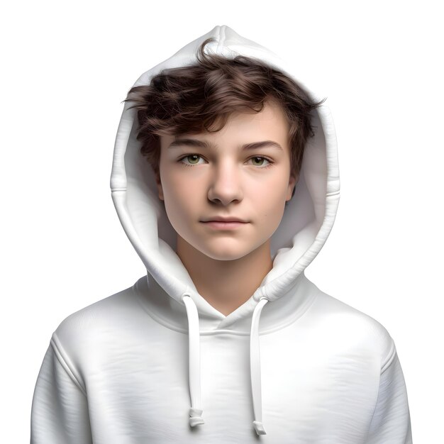 PSD portret van een tiener in een witte hoodie witte achtergrond