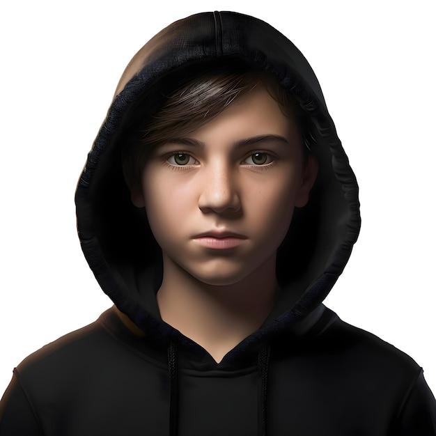 PSD portret van een tiener in een zwart capuchon sweatshirt geïsoleerd op witte achtergrond