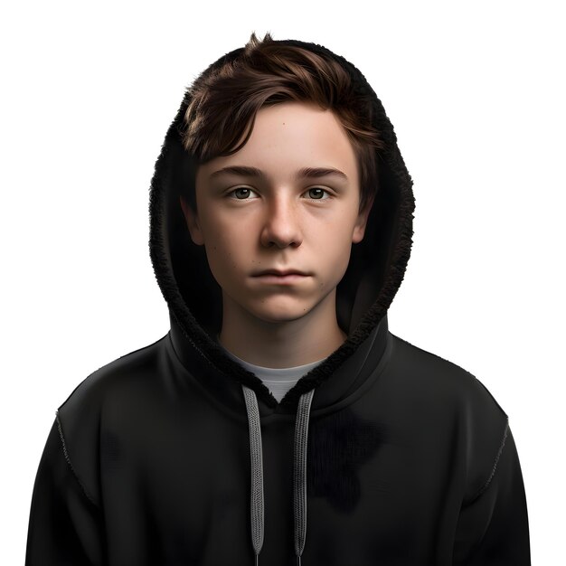 Portret van een tiener in een zwarte capuchon op een witte achtergrond