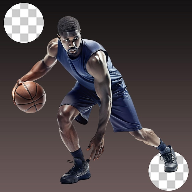 Portret van een zwarte professionele mannelijke basketbalspeler met een bal in de handen op een doorzichtige achtergrond