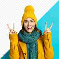 PSD portret van stijlvolle mooie glimlachende vrouw met sjaal en wintergele hoed wijst zijn vingers omhoog naar kopieerruimte geïsoleerd op een turquoise geïsoleerde achtergrond reclame concept