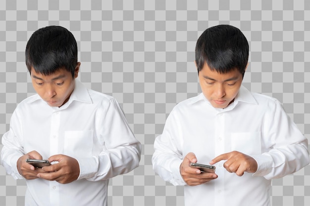 Portret van zakenman met een smartphone Menselijke emotie gezichtsuitdrukking