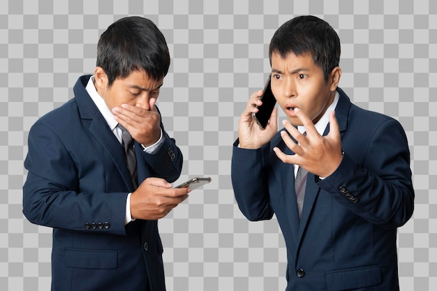 Portret van zakenman met een smartphone Menselijke emotie gezichtsuitdrukking
