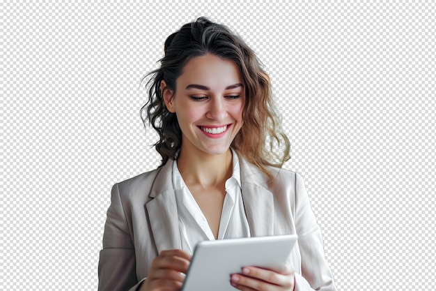 PSD portret wesołej młodej dziewczyny siedzącej z laptopem i telefonem w ręku z wyciągniętymi ramionami