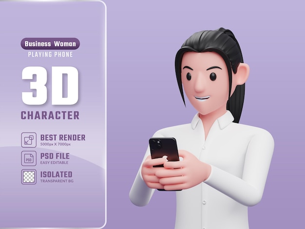 Portret zakenvrouw sms'en op een mobiele telefoon 3d render close-up meisje karakter