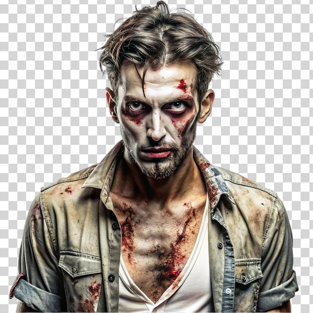 PSD portret zombie z rozerwanymi ubraniami izolowany na przezroczystym tle