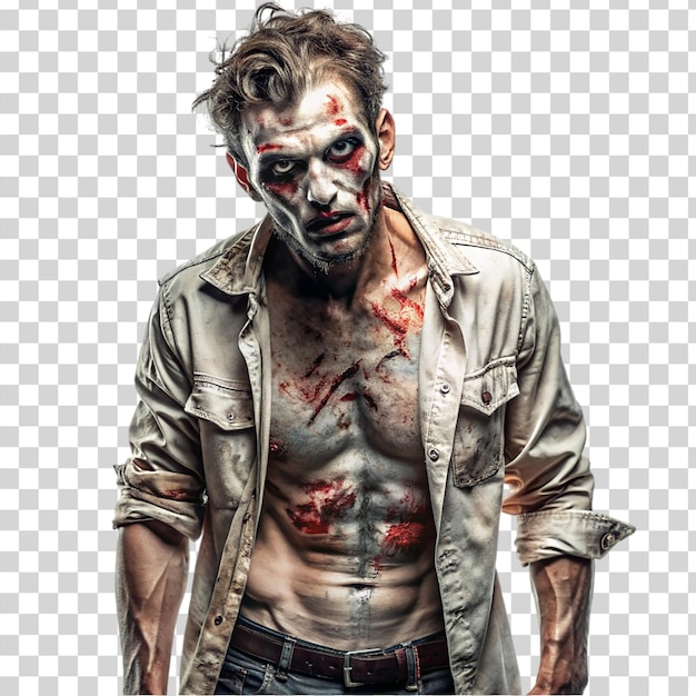 Portret Zombie Z Rozerwanymi Ubraniami Izolowany Na Przezroczystym Tle
