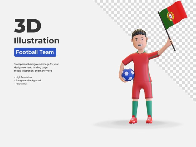 Portugal nationale voetbal speler karakter man met bal en land vlag 3d render illustratie