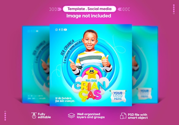 브라질 10월 12일 행복한 어린이날 소셜 미디어 인스타그램용 포르투갈어 템플릿