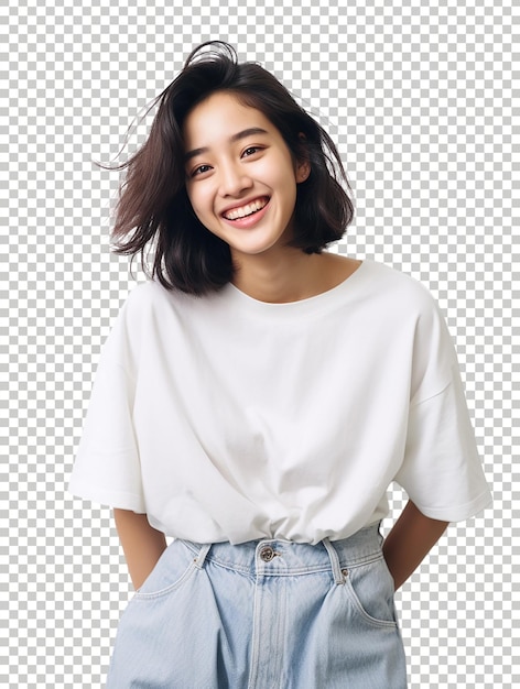 투명 한 배경 에  티 를 입고 카메라 에 미소 짓는 긍정적 인 웃는 소녀
