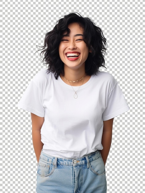 Позитивная смеющаяся девушка улыбается камере в белой футболке на прозрачном фоне