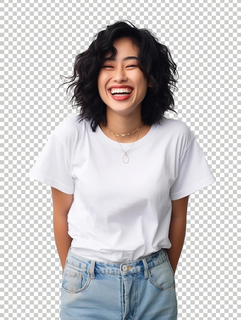 PSD positive laughing girl smiling to camera wearing white tee at the transparent background