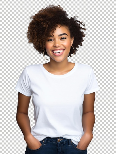 PSD positive laughing girl smiling to camera wearing white tee at the transparent background