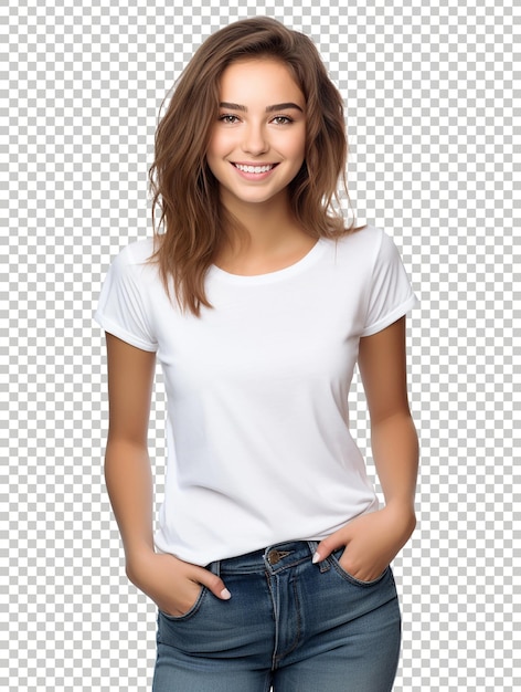 PSD ragazza sorridente positiva che sorride alla telecamera indossando una maglietta bianca sullo sfondo trasparente