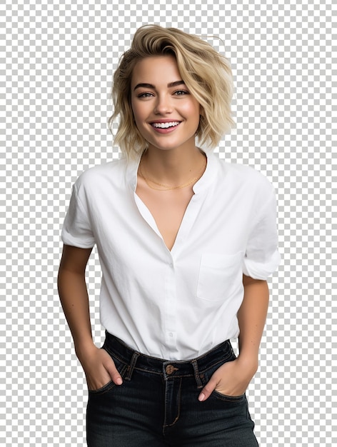PSD ragazza sorridente positiva che sorride alla telecamera indossando una maglietta bianca sullo sfondo trasparente