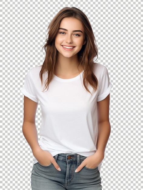 Позитивная смеющаяся девушка улыбается камере в белой футболке на прозрачном фоне