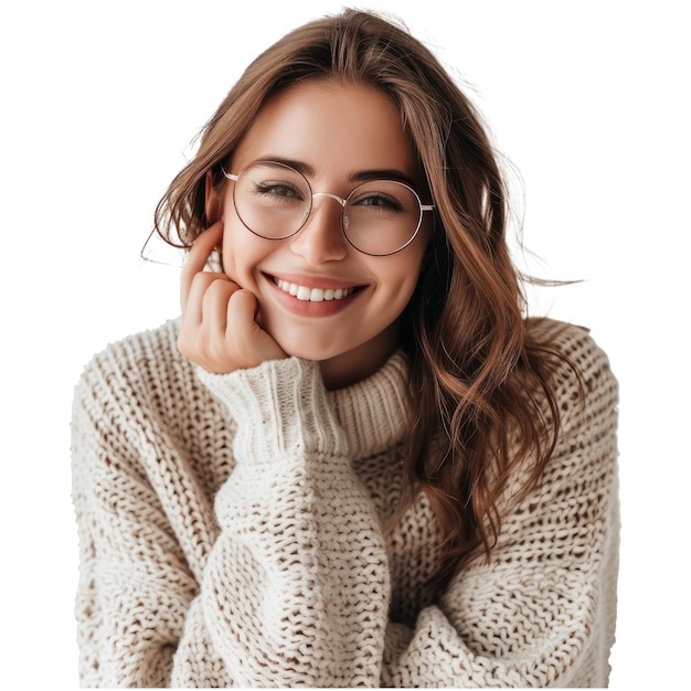Positive woman cheerful wears comfortable sweater downloads cool application edits pics poses