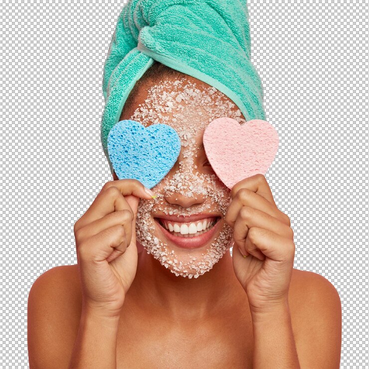 PSD positive woman has fun during beauty treatments keeps two heart shaped sponges on eyes has broad smile shows white teeth wrapped towel on head poses indoor with naked body
