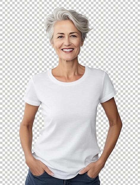 Positive woman smiling to camera wearing white tee at the transparent background