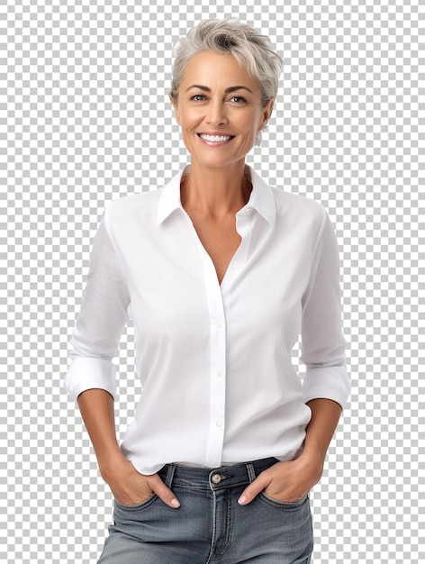 透明な背景に白いtシャツを着てカメラに微笑むポジティブな女性