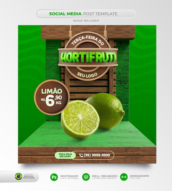 PSD post feed per le offerte di frutta e verdura del social network hortifruti in portoghese brasiliano