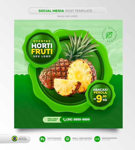 PSD post feed for social network fruit and vegetable offers hortifruti in brazilian portuguese