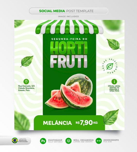 PSD post feed per le offerte di frutta e verdura del social network hortifruti in portoghese brasiliano