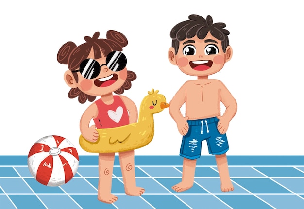 PSD post bambini felici che giocano nella piscina illustrazione modificabile
