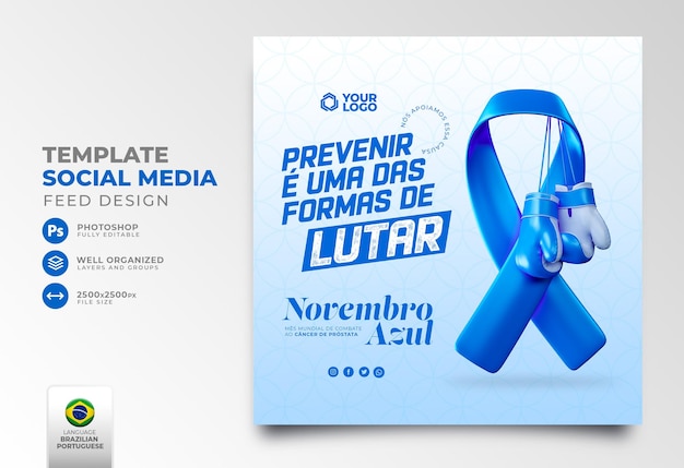 Post op sociale media voor blue november-campagne in 3d-weergave in braziliaans portugees