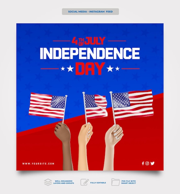Posta sui social media giorno dell'indipendenza americana nel design del modello di celebrazione del rendering 3d
