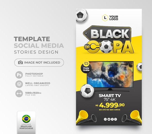 Post social media black friday wereldbeker in 3d render voor marketingcampagne in brazilië in het portugees