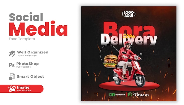 Pubblica il design del modello di instagram di hamburger sui social media in portoghese per la campagna di marketing in brasile