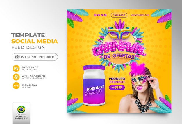 PSD post social media carnival of offers in brazil 3d render template for marketing campaign in portugue