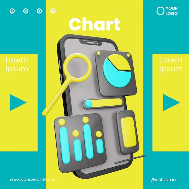 PSD post social media chart with icon 3d render 2